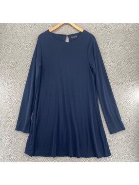 Long Tall Sally Dress Womens Medium Navy Shift Long Split Cuff Sleeves Jersey